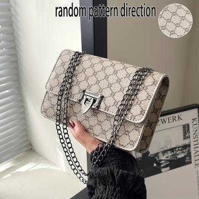 TEMU Women's Large Capacity Double-layer Shoulder Bag - White Geometric Pattern Synthetic Leather With Golden-tone Hardware, Spacious Tote For Work, Travel & Daily Use, Work Accessory | Handbag Image