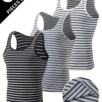 TEMU 3pcs Men's Striped Sleeveless Tank Tops - Comfortable Polyester , Round Neck, Black & , Fitness, Casual Wear, And Home Use, Clothing | Stylish Athletic Wear | Elastane Fabric Image