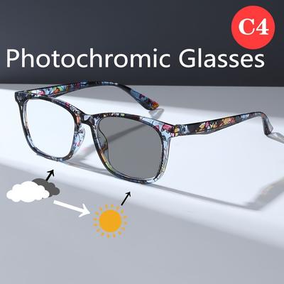 TEMU 1 Pair Of Y2k-inspired Square Photochromic Fashion Glasses With Floral Patterns - Lightweight, Comfortable Full-, Color-shifting Pc Lenses For , Everyday Use, Glasses Accessories Image