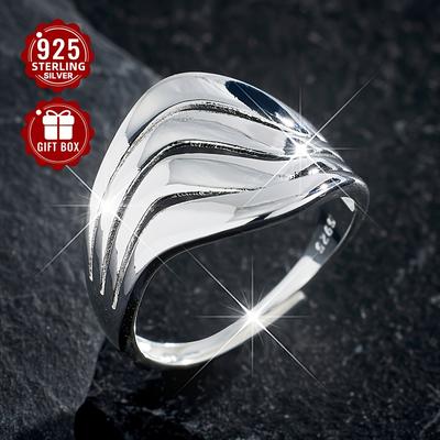 TEMU Total Weight About 2.84g 1pc Women's Fashionable Wide Face Ring, S925 Pure Silvery Simple Water Ripple Shape Suitable For Daily Activities Wear As A Surprise Gift For Family, And Lover Image