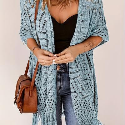 TEMU Music Eyes Women's Boho Knit Cardigan, Polyester 100% Hollow-out Tassel Shawl, Beach Sun Protection Cover-up, Geometric Pattern, Collarless, Stretch, 200g/m² - Adult Fashion Top Image