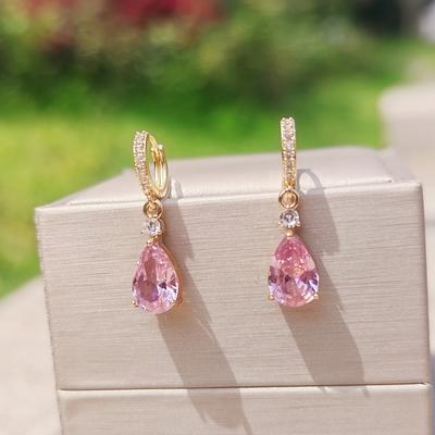 TEMU Elegant Pink Teardrop Dangle Earrings - Copper With Cubic Zirconia, & Weddings, For Wedding Image