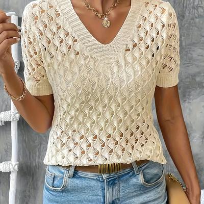TEMU Women's Plus Size Crochet V-neck Top - Elegant Beige Knit With Lace Detail, Short Sleeve, Lightweight & Stretchy, Spring/summer/fall, Casual Attire| Top|stretchy Knit Image