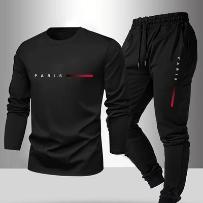 TEMU Men's Casual Sports Set With Fashion Logo - Long Sleeve Crew Neck Top & Joggers, , Polyester Blend, Casual Attire Or Gift Image