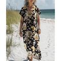 Femmes Robe Longue Maxi Robe Robes en coton et lin Robe Décontractée Robe bohème Robe occidentale Mode Extérieur Soirée Fête Coupe régulière Fleur Manche Courte Col en V Noir Bleu Violet Marron Été
