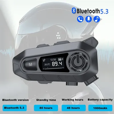 Motorradhelm-Headset BT5.3, kabelloser Freisprechruf, wasserdichter Moto-Kopfhörer mit FM-Radio, Musik, gemeinsamer LED-Anzeige für Fahrer Image