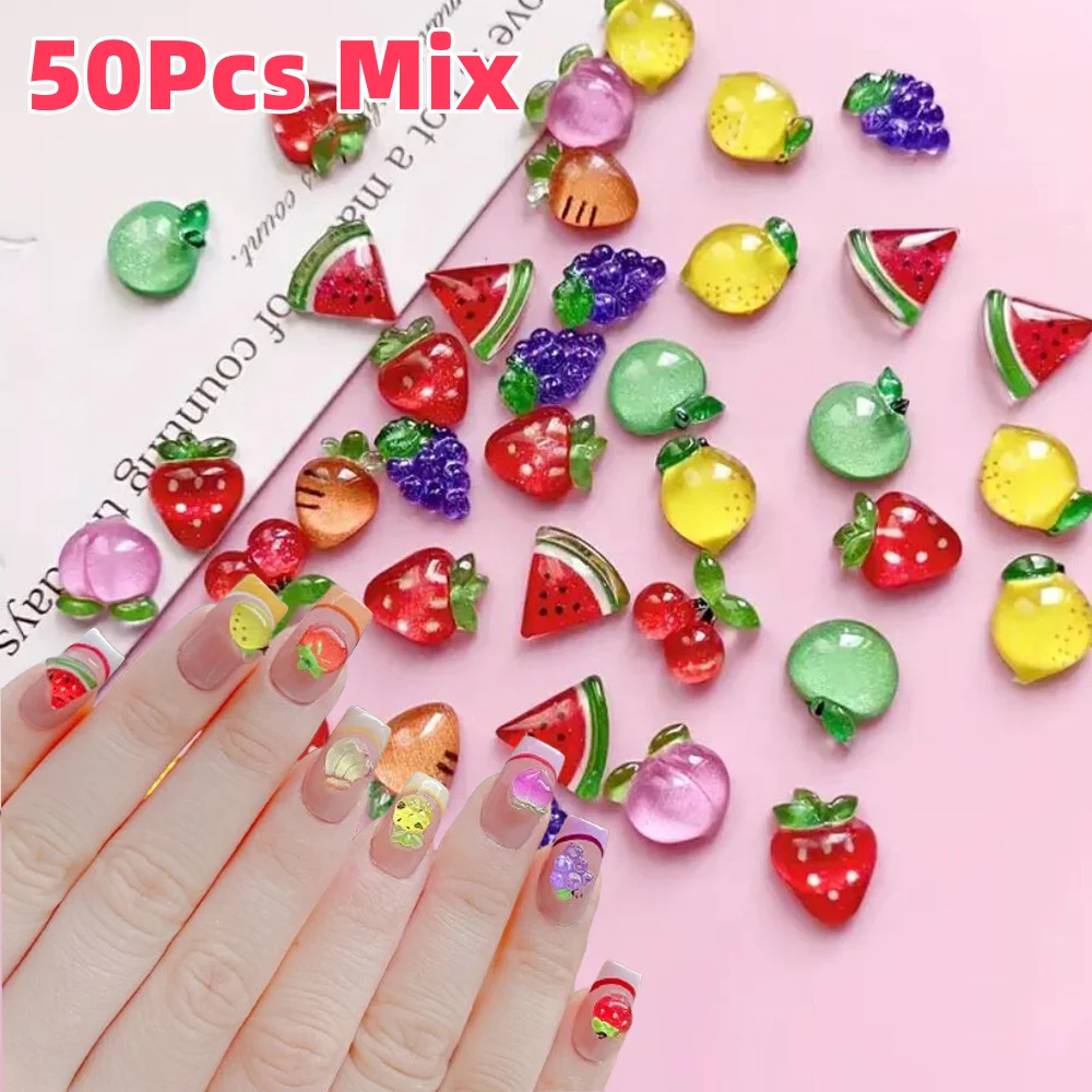 50Pcs 3D Mixed Sommer Obst Nail art Charms Kirsche Nette Harz Erdbeere Wassermelone Pfirsich Ananas Nägel Dekor Maniküre Accesso Image