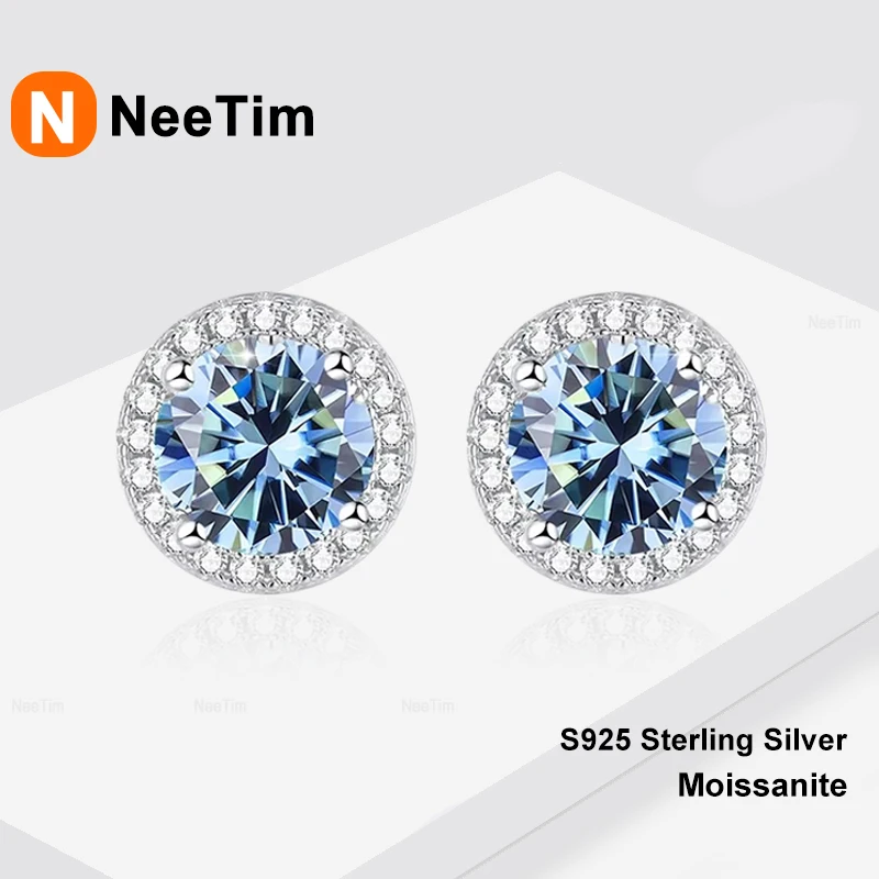 NeeTim Moissanit-Ohrstecker für Damen, 925er-Sterlingsilber, Grün, Blau, Rosa, Rot, Schwarz, Blau, funkelnder Moissanit-Ohrstecker Image