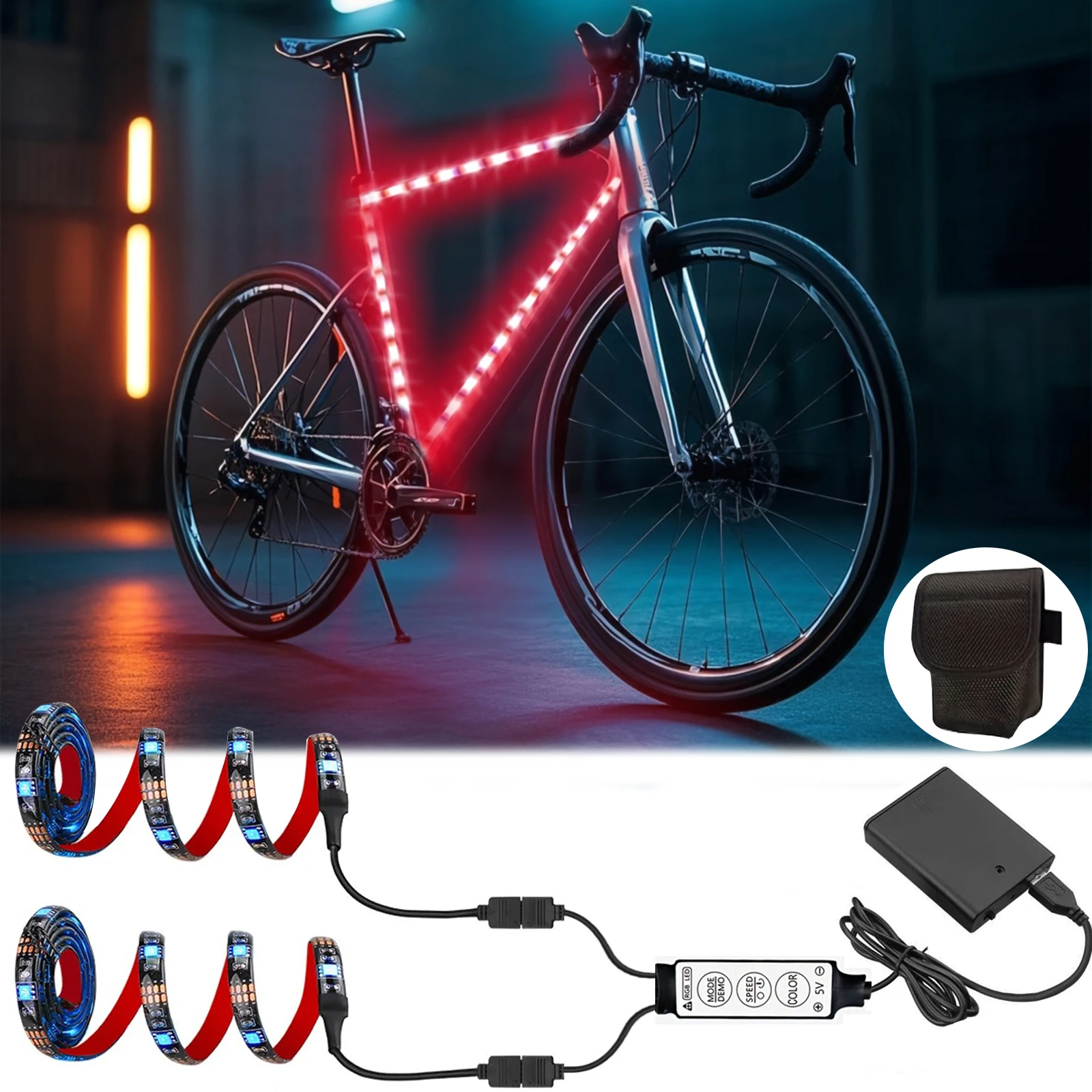 Fahrrad-LED-Lichtleiste, RGB-Farblichter für Nachtfahrten, batteriebetrieben/USB-betrieben, für Outdoor-Fahrrad, Roller, LED-Bandbeleuchtung
