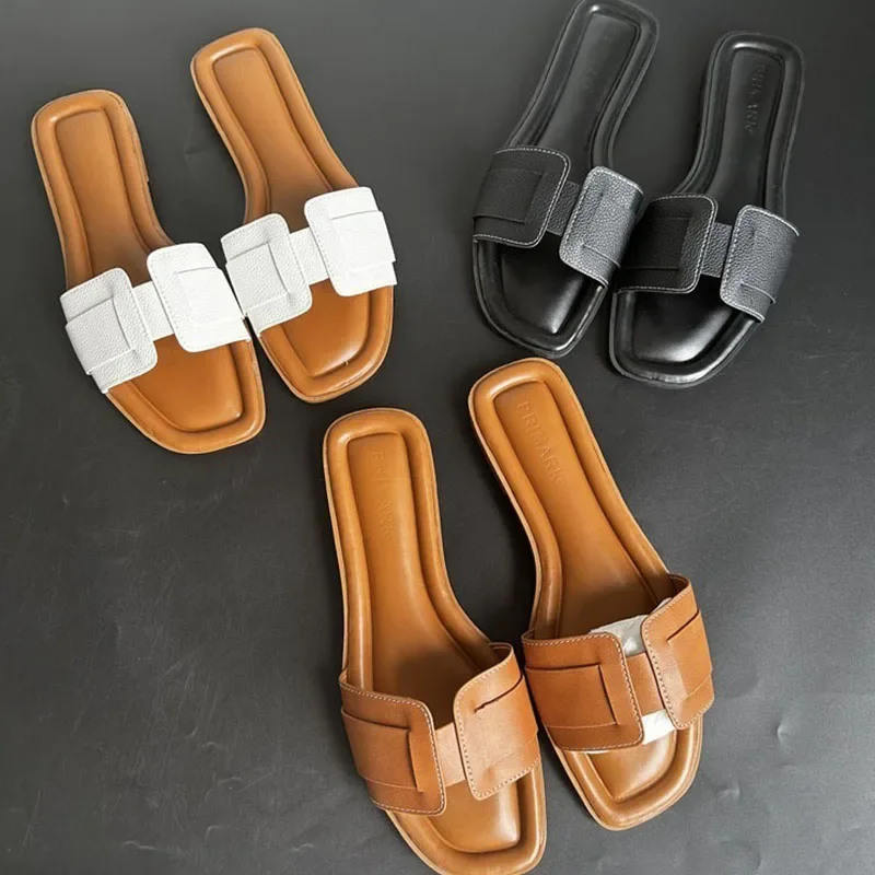 Frauen Mode Hausschuhe Sommer Im Freien Strand Hausschuhe Weiche Wohnungen Hause hausschuhe Weibliche Luxus Leder Sandalen Lässig Dias Schuhe