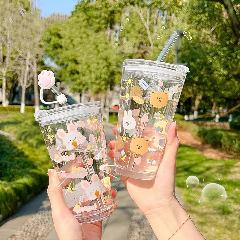 1PC/400ml Nette Glas Sippy Tasse Cartoon Design Transparente Wasser Flasche mit Deckel und Stroh Kaffee Tassen hause Bar Drink Becher Image