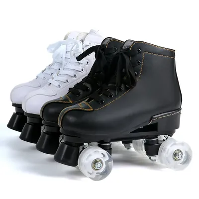Leather Double Row Four-Wheel Roller Skates for Men and Women, Black and White Glitter Inline Skates