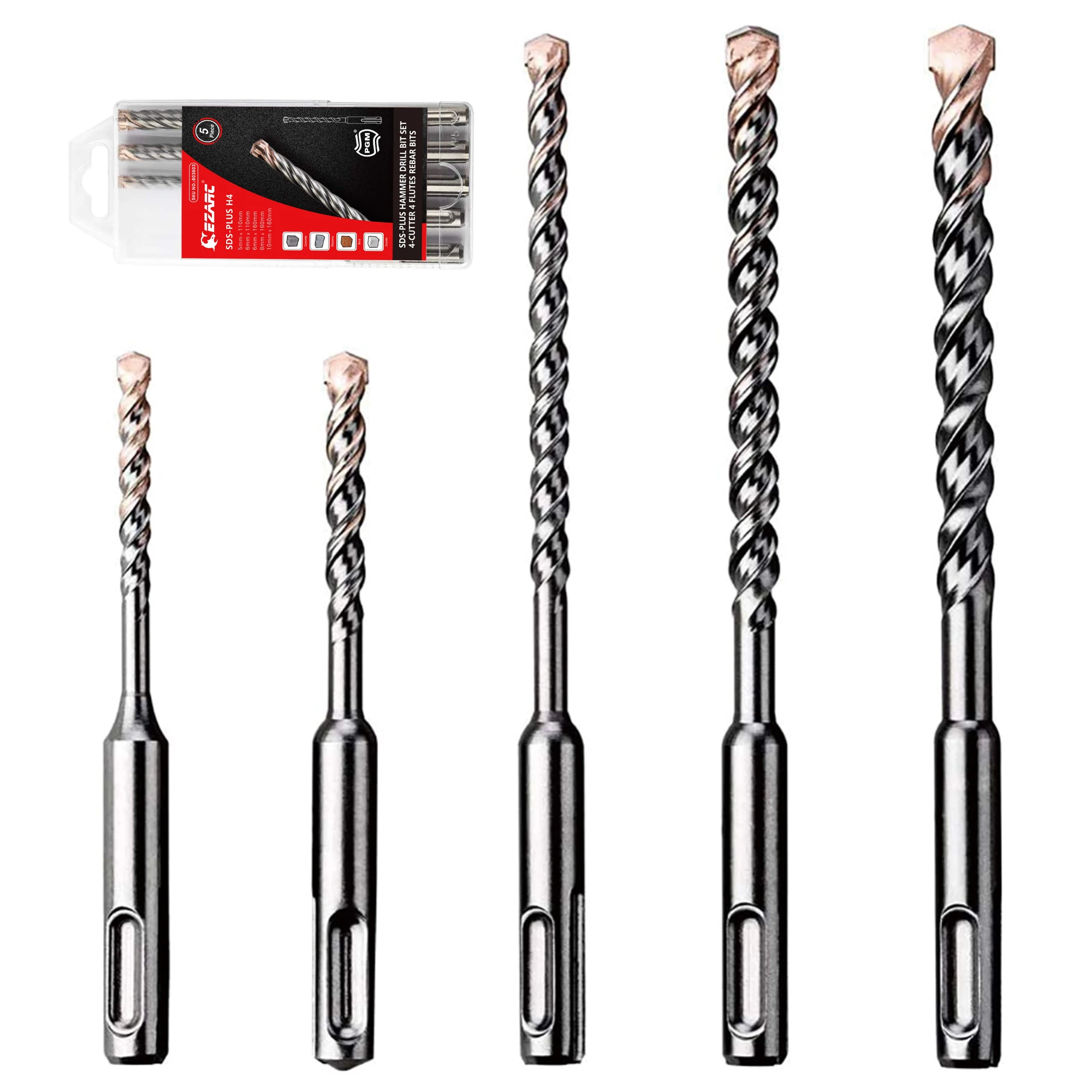 EZARC 110 mm und 160 mm SDS-Plus-Hammerbohrer 5/6/8/10 mm, 5-teiliges PGM-Steinbohrer-Set, 4-schneider-Hartmetallspitzen für Ziegelfliesen Image