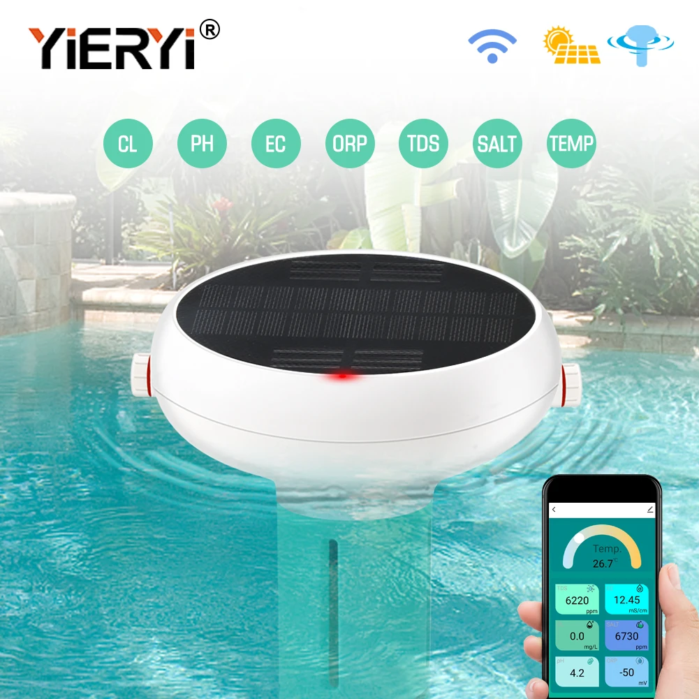WiFi Solar Floating Schwimmbad Wasserqualitätstester PH Chlor TDS ORP Salz EC Temp Monitor für Spa Echtzeitdaten und Warnungen Image