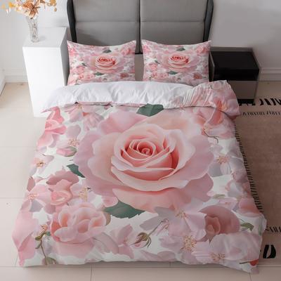 TEMU 3pcs Pink Rose Floral Print Bedding Set (1duvet Cover + 2pillowcase, Without Core) - Bedroom Decor Image