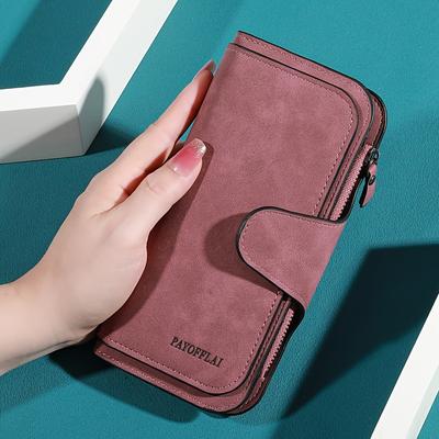 TEMU Stylish Women's Long Wallet And Phone Stand - Large Capacity Design, With 16 Card Slots, Zipper Coin Pocket And Safety Lanyard Closure, Light Gray/dark Gray/pink/blue/brown/black, Cute Wallet Image