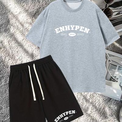 "TEMU Men's "" Graphic T-shirt & Black Shorts Set - Casual Summer Polyester Tee With Drawstring Pockets, , Casual Attire|graphic Tee|polyester Fabric" Image