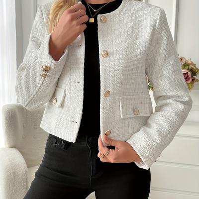 TEMU Women's Spring And Autumn Long-sleeve Chunky Front Button Open Cardigan Fashionable Elegant Round Neck Lapel Coat Image