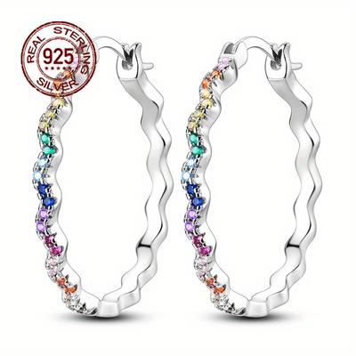 TEMU 4.92g 925 Pure Silvery Wave Pattern Large Earrings Hypoallergenic Earrings Sparkling Artificial Zirconia Elegant Exquisite Female Girl Gift Wedding Party Jewelry Jewelry Image