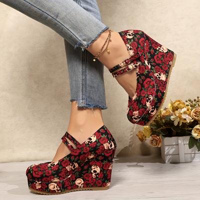 TEMU Elegant Harajuku-inspired Floral Print Wedge Heels - Breathable, Platform Pumps With Red Roses & Skull Design, Round Toe & Ankle Strap, All Image