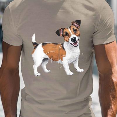 TEMU 1pc Jack Dog Print T-shirt For Men, Casual Crew Neck Short Sleeve, Polyester Knit Fabric With Stretch, Regular Fit, Geometric Pattern, Summer Lightweight Top Image