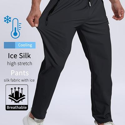 TEMU Men's Ice Silky Fiber High-stretch Athletic Pants With Zipper Pockets - Cooling Breathable Running Gym Basketball Training Casual Trousers For Spring Summer Fall, Solid | Smooth Texture Fabric Image