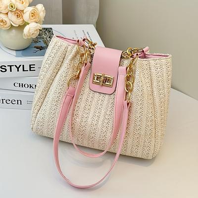 TEMU Elegant Women's Large Capacity Woven Fabric Shoulder Bag With Adjustable Chain Strap & Front Flap Button Closure - White/black, Versatile For Casual & Professional Use, Woven Handbag Image