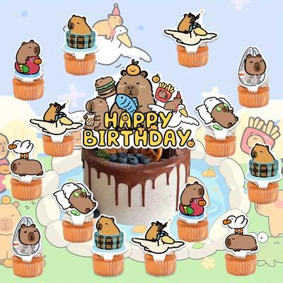 "TEMU Adorable Cartoon Capybara Birthday Party Backdrop Set - "happy Birthday" Banner, Cake Toppers & Balloons - ' Celebrations, Home Decor & Photo Fun, Birthday Party Decorations" Image