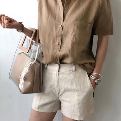 TEMU Women's Casual Button-up Short Sleeve Shirt With Chest Pockets - Solid Color, Lightweight Polyester, Collared, Spring/summer , Casual Attire|short Sleeve Shirt|sleek Solid Color Image