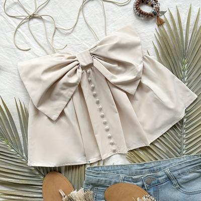 TEMU Chic Summer Women's 3d Bowknot Tank Top - Off-shoulder Sleeveless Shirt, Breathable Polyester, Beige With Bow Detail & Button Front, Vacation Or Casual Outfits Image