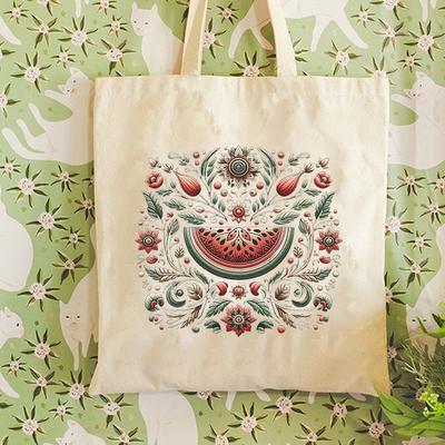 TEMU Ramadan Floral Canvas Tote Bag For Women, Fashionable Casual Shoulder Bag With No-closure, Machine Washable - Elegant Watermelon Design Image