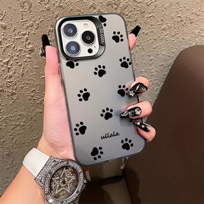 TEMU Cartoon Paw Print Phone Case For Iphone Series, Pc Polycarbonate Protective Cover With Lanyard, Wireless Charging Compatible, Anti-fall Design Image