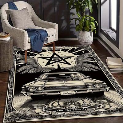 TEMU Vintage Car Pattern Large Area Rug, Home Office Chair Mat, 800g/m2 Polyester, Family Business Emblem Design, Durable Floor Carpet, Gift Idea, Fits Spaces ≥1.8m, Covers Area ≥2.16m² Image