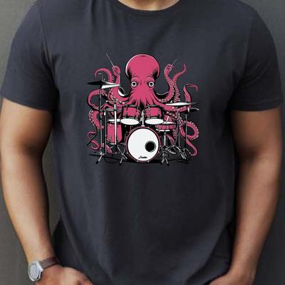 TEMU Octopus Playing The Drums Men's Crew Neck Short Sleeve Tees, Casual T-shirt, Summer Stretch Comfortable & Breathable Top For Wear Image
