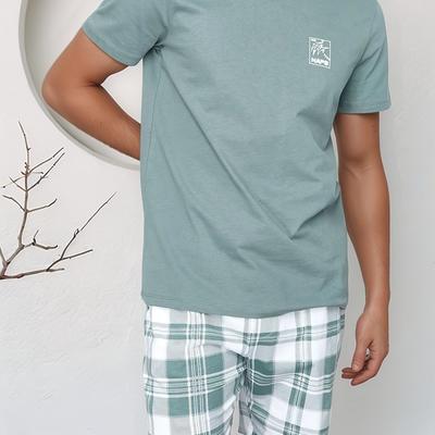 TEMU Spring Summer Autumn Men's Fashion Casual Pajama Set, Print Pants, Polyester Blend, Short Sleeve Shorts Comfortable Sleepwear Two-piece Image
