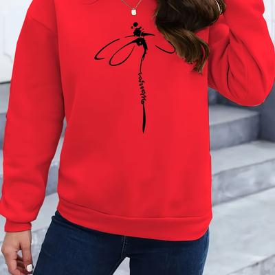 TEMU Women's Dragonfly Print Round Neck Sweatshirt - Fall Winter Casual Long Sleeve Cuff Pullover, Green With White Graphic, Machine Washable, Everyday , Durable Clothing, Comfortable Fabric Image