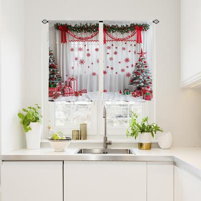 TEMU 2pcs Christmas Print Sheer Curtains - Rod Pocket Room, Bedroom, Kitchen & More - Machine Washable Polyester Home Decor, Game Room, Party Supplies Image