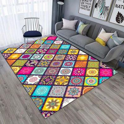 TEMU Vibrant Boho Mandala Pattern Area Rug - Non-slip, Easy To Clean, 800g/m² Polyester Carpet For Home & Patios, Colorful With Intricate Floral , Outdoor Rugs Image