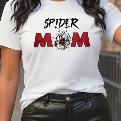TEMU Women's Spider Mom Graphic Short Sleeve T-shirt - Black With Lettering, Round Neck, Stretchy Fabric, Machine Washable, , Sizes S-xxl Image