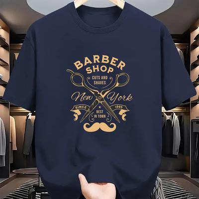 "TEMU Men's "barber Shop " Graphic T-shirt - Best In , Golden & , Breathable & Comfortable For Casual Attire, Outdoor Activities, And Barber Shop Wear, Barber | Print Tee|breathable Fabric" Image
