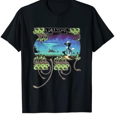 "TEMU Graphic Cotton T-shirt - 100% Cotton Crew Neck, Short Sleeve, Black Retro Design With "yes" Lettering & Surreal Artwork, Soft & Breathable For Casual Wear Or Gifts" Image