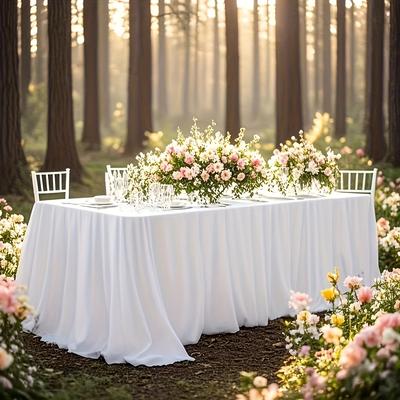 TEMU 1pc Elegant White Polyester Rectangular Tablecloth With Finish - Ideal For Weddings & Formal Events, Machine-made, Polyester 100%, Wedding Table Setting | Elegant Table Setting | Smooth Texture Image