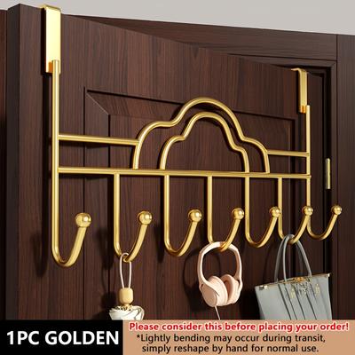 TEMU 1pc Golden Over-the-door Coat Hooks - No-drill Metal Hanger With 5 Hooks For Coats, Towels, Hats & Bags, Space-saving Contemporary Design For Bathroom, Bedroom & Home Storage Image