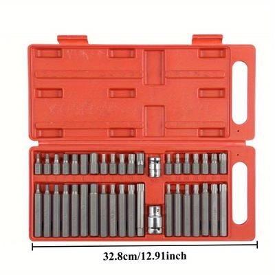 TEMU 40pcs Alloy Steel Socket Drill Bit Set With Torx, Hex, And - Includes 3/8-inch And 1/2-inch Drive Adapters, Durable Red Carrying Case, Ideal Tight Spaces Image