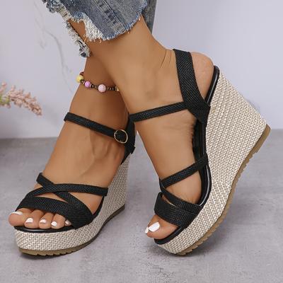 TEMU Women' Strappy Platform Sandals With Chunky Wedge Heel - Casual Open-toe Slip-on, Rubber Sole, Synthetic Insole & Upper, Summer Footwear|chunky Wedge Heel|strap Sandals Image
