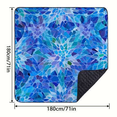 TEMU 1pc Moroccan Style Retro Trendy Geometric Blue & Turquoise Outdoor Picnic Mat - Washable, Durable Polyester Backing For Hiking, Camping & Leisure Activities, Camping Accessories Image