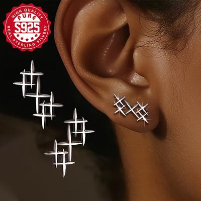 TEMU Pair, S925 Silver, Big Starburst Earrings, Women's Fashionable Studs, Trendy And Special Personality, , Daily Versatile, Suitable For , Popular Accessories, Worn At Parties, Low Hypoallergenic Image