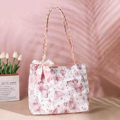 TEMU Stylish Pink Print Tote Bag For Women - Handbag With Zipper Closure, Braided Handle & Bow Accent, Shopping And Commuting Image