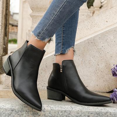 TEMU 1pr Women's Mid Heel Ankle Booties, Solid Color, Heel, Plain Toe, Zipper Closure, Comfortable Fabric Lined, Non-slip , Fashionable Short Boot With Side Zipper Image