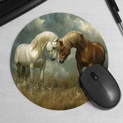 TEMU 1pc Horse Round Mouse Pad - Durable, Non-slip Rubber Base, Thickened Cartoon Style Desk Mat For Office & Home Use, Mouse Pads For Des Image